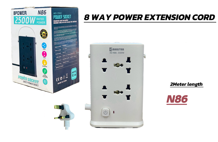 8 Way Power Extension Cord - 2 Meter